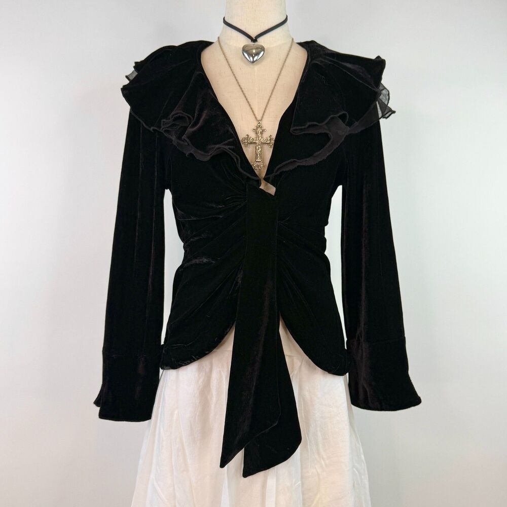 Black Velvet Tie Front Cardigan Ruffled Chiffon Collar Whimsygoth Fairy Size M